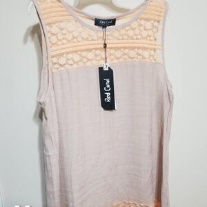 Red Coral Knit Top, Blouse, Medium, Peach Lace, Tan, Sleeveless